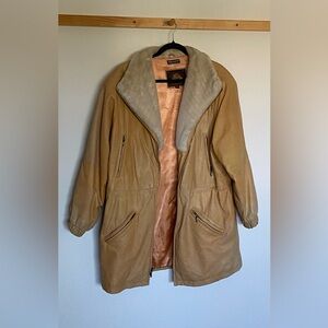 **SOLD** Vintage Tan Leather Coat with Faux Fur Collar
